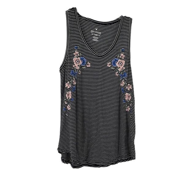 American Eagle Soft Sexy Tank Top Size M Black Striped Floral Embroidered Scoop - Picture 1 of 5